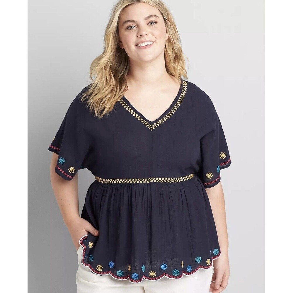 Lane Bryant Womens Size 16  Short Sleeve Embroidered Peasant Boho Top Navy Blue